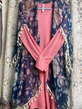 Zenana Outfitters Coral Pink Layered Swing Dress with Navy Floral Accent Shawl